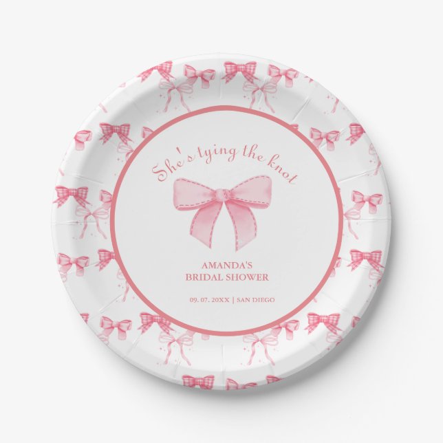 Watercolor Pink Bow Bachelorette Party Paper Plate (Front)