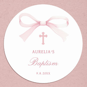 Watercolor Pink Bow Baptism Classic Round Sticker