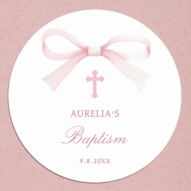 Watercolor Pink Bow Baptism Classic Round Sticker (Creator Uploaded)