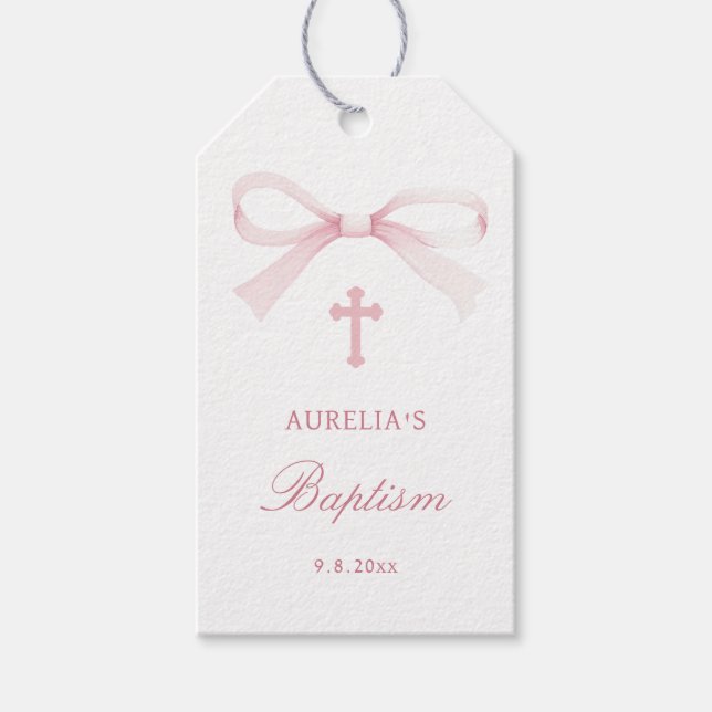 Watercolor Pink Bow Baptism Gift Tags (Front)