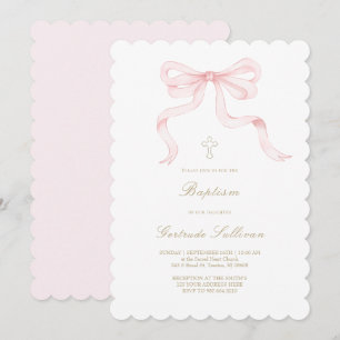 watercolor pink bow Baptism girl Invitation