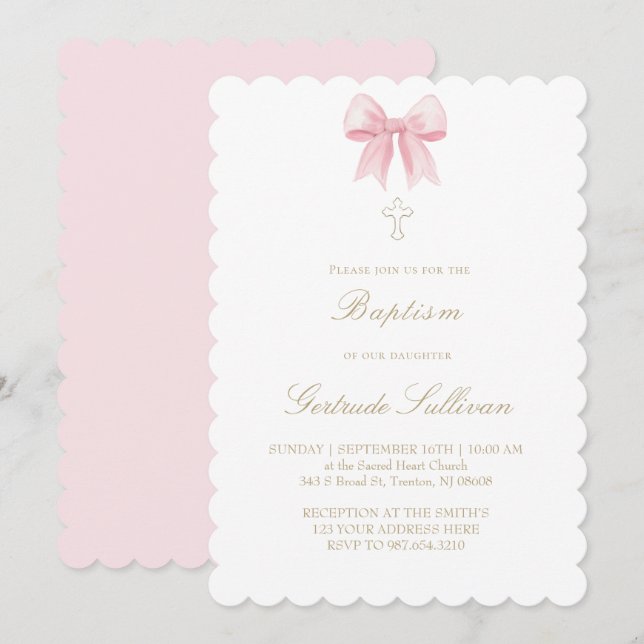 watercolor pink bow | Baptism Invitation (Front/Back)