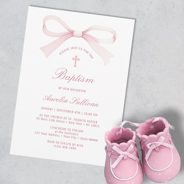 Watercolor Pink Bow Baptism Invitation (Creator Uploaded)