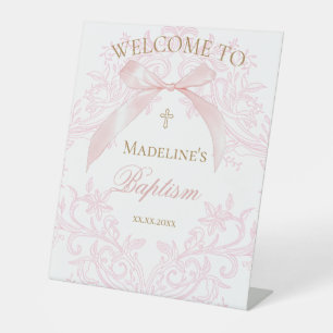  watercolor pink bow Baptism Pedestal Sign