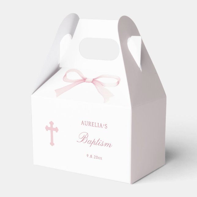 Watercolor Pink Bow Baptism Small Gable Favour Box (Front Side)