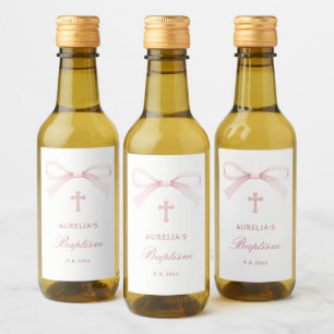 Watercolor Pink Bow Baptism Small Wine Label
