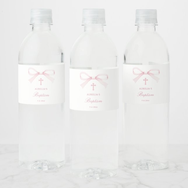 Watercolor Pink Bow Baptism Water Bottle Label (Bottles)