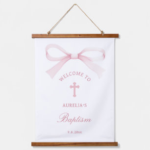 Watercolor Pink Bow Baptism Welcome Hanging Tapestry