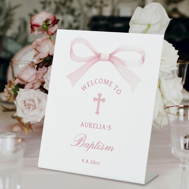 Watercolor Pink Bow Baptism Welcome Pedestal Sign (Creator Uploaded)