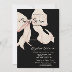 Watercolor Pink Bow Black Sweet 16 Invitation