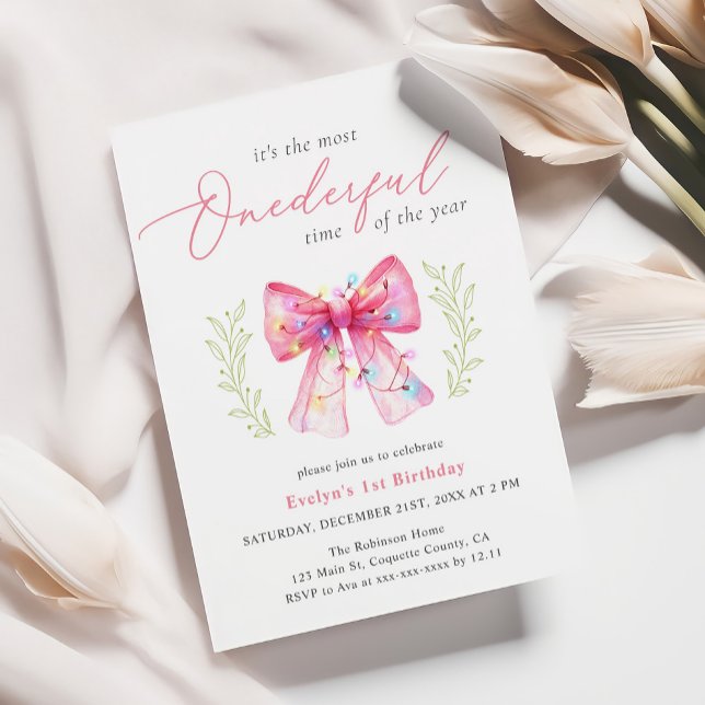 Watercolor Pink Bow Christmas 1st Birthday Invitation (Creator Uploaded)