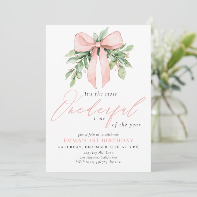 Watercolor Pink Bow Christmas Birthday  Invitation (Standing Front)