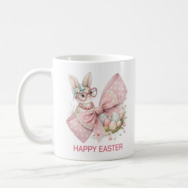  watercolor pink bow colourful easter eggs coffee mug (Left)