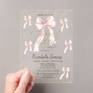 Watercolor Pink Bow Confetti Striped Sweet 16 Acrylic Invitations