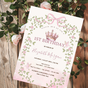 Watercolor Pink Bow Crown Floral Arch 1st Birthday Invitation
