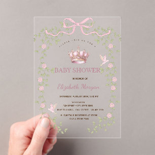 Watercolor Pink Bow Crown Floral Arch Baby Shower Acrylic Invitations