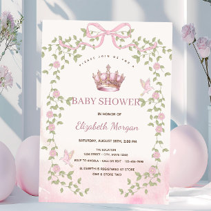 Watercolor Pink Bow Crown Floral Arch Baby Shower Invitation