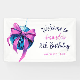 Watercolor Pink Bow Disco Ball Sweet 16 Birthday Banner