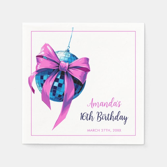 Watercolor Pink Bow Disco Ball Sweet 16 Birthday Napkin (Front)