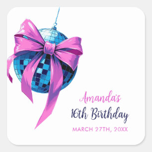 Watercolor Pink Bow Disco Ball Sweet 16 Birthday Square Sticker