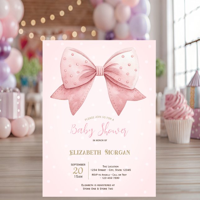 Watercolor Pink Bow Dots Baby Shower  Invitation (Creator Uploaded)
