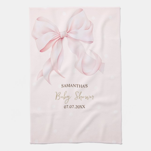 Watercolor Pink Bow Dots Baby Shower Tea Towel (Vertical)