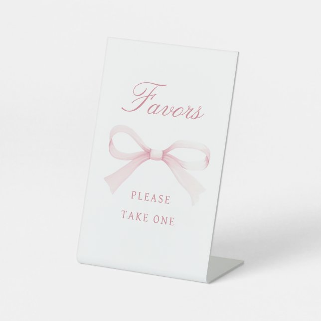 Watercolor Pink Bow Favors Pedestal Sign (Front)