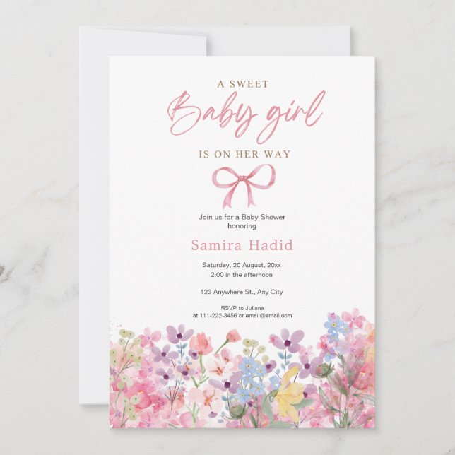 Watercolor Pink Bow Floral Girl Baby Shower Invitation (Front)