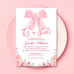 watercolor pink bow floral girl baby shower invitation
