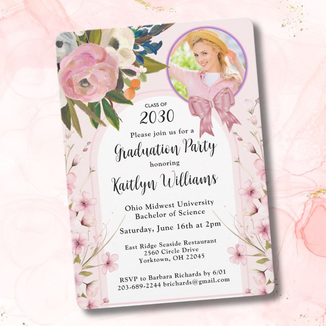Watercolor Pink Bow Floral Photo Arch Graduation Invitation (Creator Uploaded)