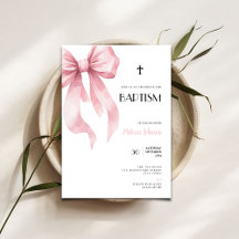Watercolor Pink Bow for Girls Baptism Invitation