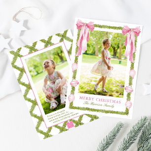 Watercolor Pink Bow Garland Christmas Photo Holiday Card