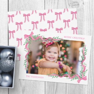 Watercolor Pink Bow Garland Photo Holiday Card