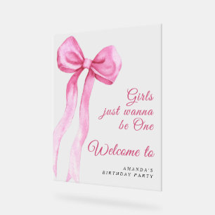 Watercolor pink bow girl 1st Birthday Party Acrylic Sign