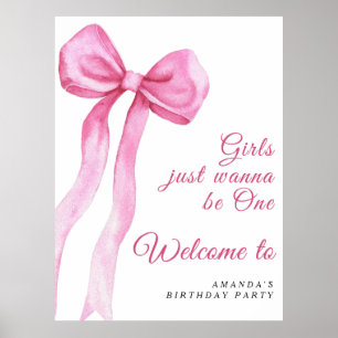 Watercolor pink bow girl 1st Birthday Party  Poster