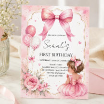 Watercolor Pink Bow Girl Birthday Invitation