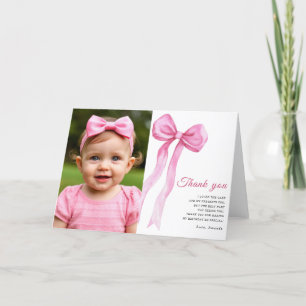 Watercolor pink bow girl birthday party thank you card