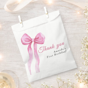 Watercolor pink bow girl birthday party thank you favour bags