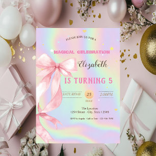 Watercolor Pink Bow Holographic Birthday Invitation