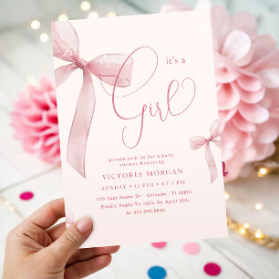 Watercolor Pink Bow It's a Girl Baby Shower Invitation