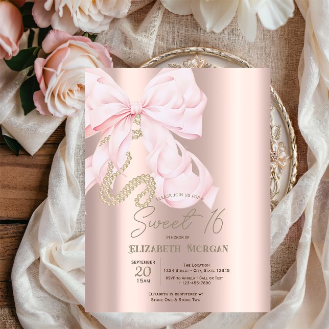 Watercolor Pink Bow Pearls Rose Gold Sweet 16 Invitation (Creator Uploaded)