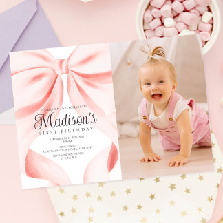 Watercolor Pink Bow Photo First Birthday Invitation