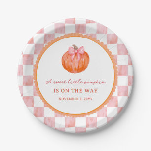 Watercolor Pink Bow Pumpkin Baby Shower Paper Plate