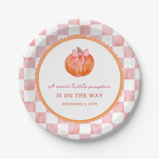 Watercolor Pink Bow Pumpkin Baby Shower Paper Plate