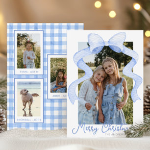 Watercolor Pink Bow Ribbon Sash Christmas Photo Holiday Card