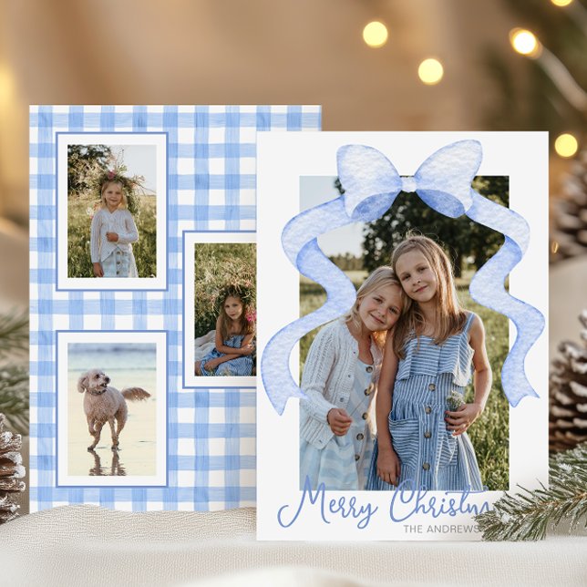 Watercolor Pink Bow Ribbon Sash Christmas Photo Holiday Card (Creator Uploaded)