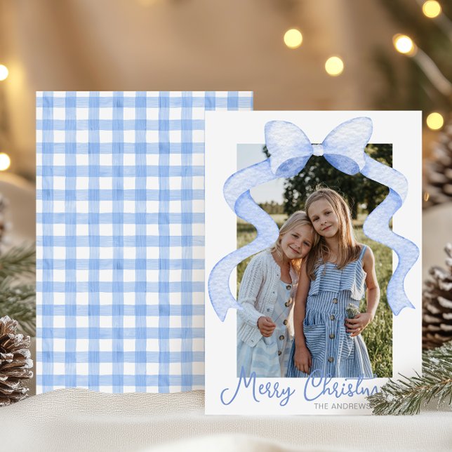 Watercolor Pink Bow Ribbon Sash Christmas Photo Holiday Card (Creator Uploaded)