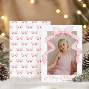 Watercolor Pink Bow Ribbon Sash Christmas Photo Holiday Card