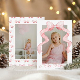 Watercolor Pink Bow Ribbon Sash Christmas Photo Holiday Card