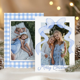 Watercolor Pink Bow Ribbon Sash Christmas Photo Holiday Card